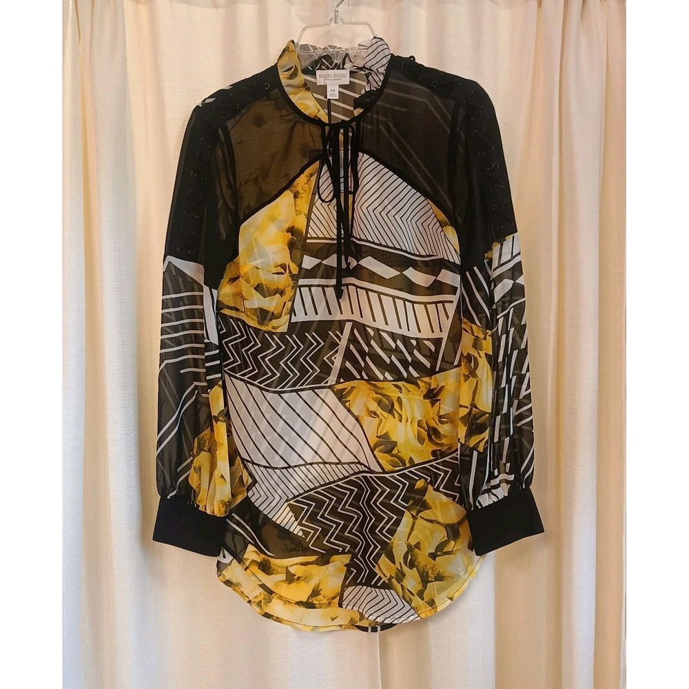 NWT Bisou Bisou Women's Size XS Yellow Black‎ Sheer Front Tie Blouse